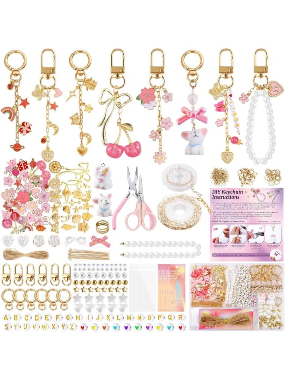 DIY Keychain Making Kit - 680PCS Pink Craft Set for Bag Charms & Accessories